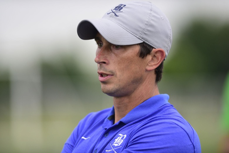 Staff Photo by Robin Rudd / Boyd-Buchanan head coach Dustin Walker follows the action. Boyd-Buchanan faced Franklin Grace at the Sigel Soccer Complex in Murfreesboro on May 26, 2021.