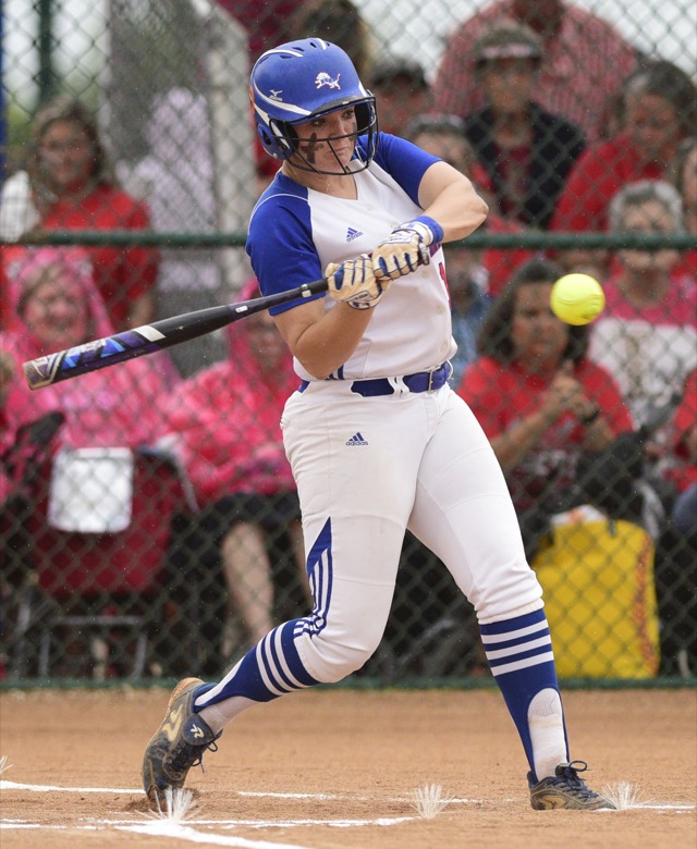 Staff Photo by Robin Rudd / Red Bank's Bailee Phillips (16) makes contact with the ball. Red Bank played Lexinton in TSSAA Spring Fling softball at the Starplex in Murfreesboro on May 26, 2021.