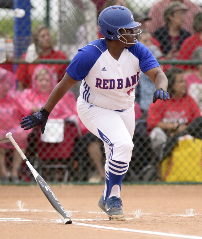 Staff Photo by Robin Rudd / Red Bank's Lexie Wright (27) hits to first after making contact. Red Bank played Lexinton in TSSAA Spring Fling softball at the Starplex in Murfreesboro on May 26, 2021.