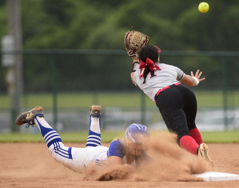 Staff Photo by Robin Rudd / Red Bank's Bailee Phillips (16) gets back to second to avoid being cut off. Red Bank played Lexinton in TSSAA Spring Fling softball at the Starplex in Murfreesboro on May 26, 2021.