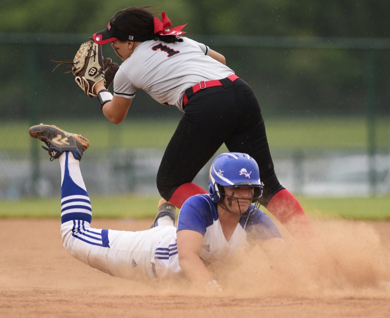 Staff Photo by Robin Rudd / Red Bank's Bailee Phillips (16) gets back to second to avoid being cut off. Red Bank played Lexinton in TSSAA Spring Fling softball at the Starplex in Murfreesboro on May 26, 2021.