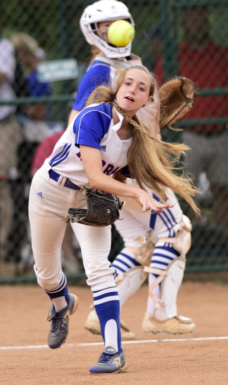 Staff Photo by Robin Rudd / Red Bank third baseman Whitley Gann (00) throws out a Lexinton runnger. Red Bank played Lexinton in TSSAA Spring Fling softball at the Starplex in Murfreesboro on May 26, 2021.
