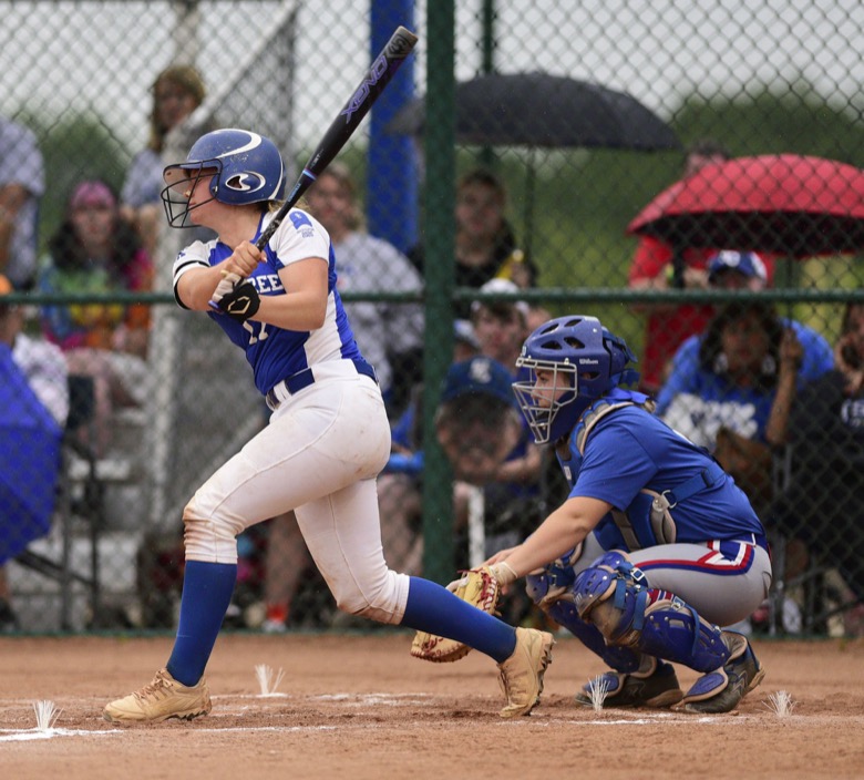 Staff Photo by Robin Rudd / Sale Creek's Hannah Baskette-Skiles (17) makes contact. Sale Creek played Huntland in TSSAA Spring Fling softball at the Starplex in Murfreesboro on May 26, 2021.