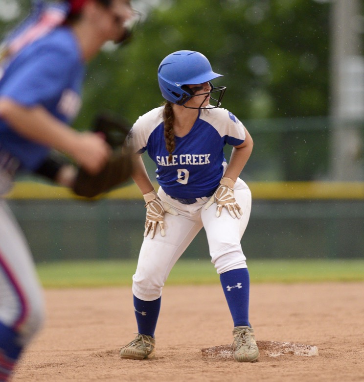 Staff Photo by Robin Rudd / Sale Creek's Olivia Day (9) looks in for the pitch from second. Sale Creek played Huntland in TSSAA Spring Fling softball at the Starplex in Murfreesboro on May 26, 2021.