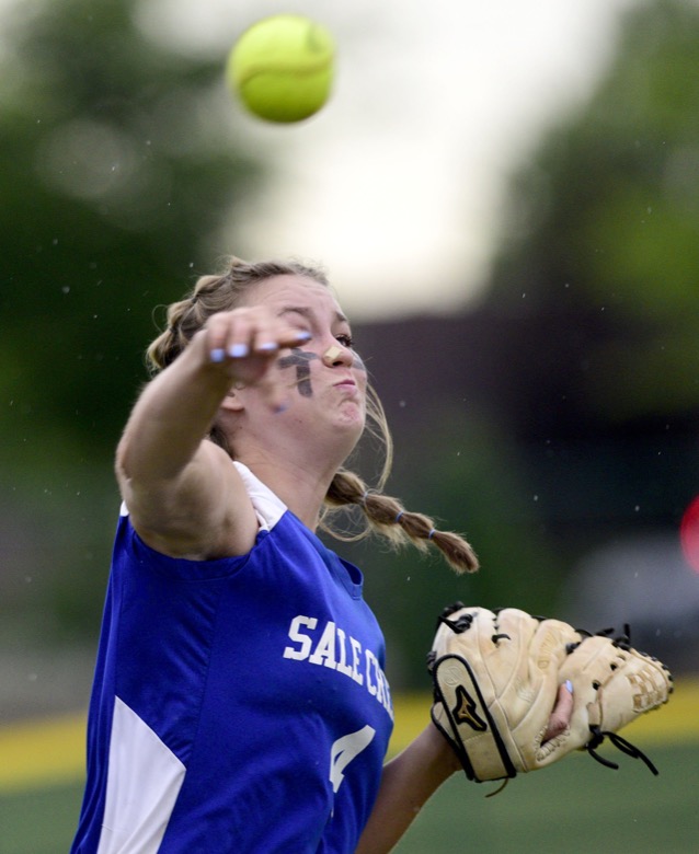 Staff Photo by Robin Rudd / Sale Creek' leftfielder Trista Frazier (4) throws a Huntland runner out at home. She would throw the Huntland runner out. Sale Creek played Huntland in TSSAA Spring Fling softball at the Starplex in Murfreesboro on May 26, 2021.