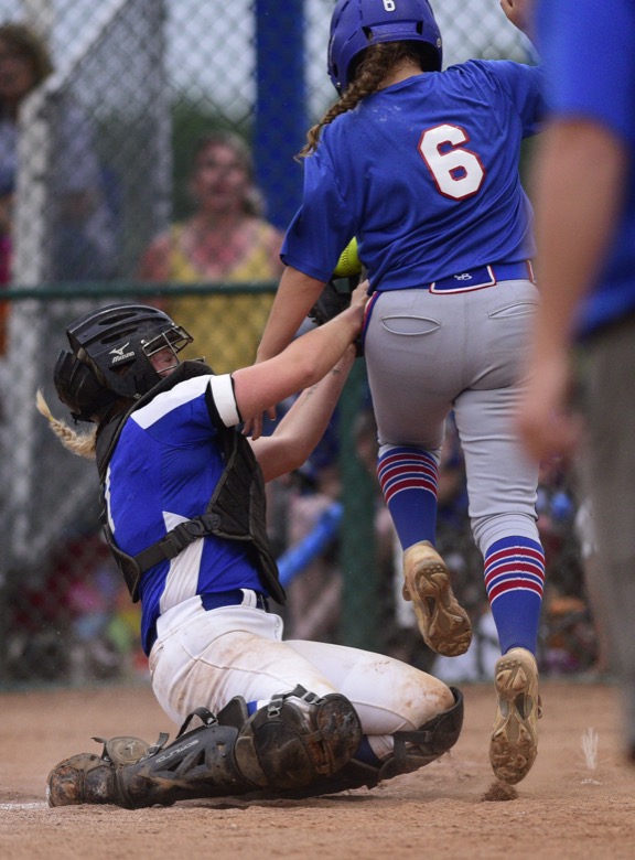 Staff Photo by Robin Rudd / Sale Creek catcher Hannah Baskette-Skiles (17) tags Huntland's Deanna Burton (6) out at the plate. Sale Creek played Huntland in TSSAA Spring Fling softball at the Starplex in Murfreesboro on May 26, 2021.