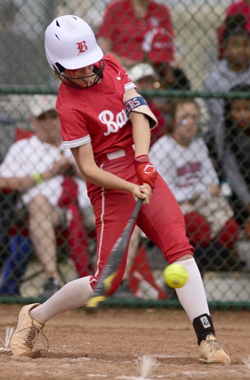 Staff Photo by Robin Rudd / Baylor's Acelynn Sellers (10) hits a low pitch for a base hit. Baylor and GPS played in TSSAA Spring Fling softball at the Starplex in Murfreesboro on May 26, 2021.