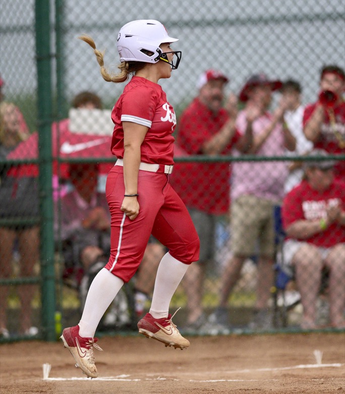 Staff Photo by Robin Rudd / Baylor's Kendall Gentry (7) celebrates after scoring. Baylor and GPS played in TSSAA Spring Fling softball at the Starplex in Murfreesboro on May 26, 2021.