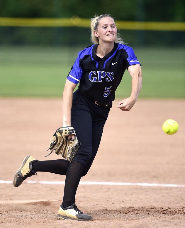 Staff Photo by Robin Rudd / Mikayla Beard (5) pitches for GPS. GPS met St. Benedict in TSSAA Spring Fling softball at the the Starplex in Murfreesboro on May 26, 2021.