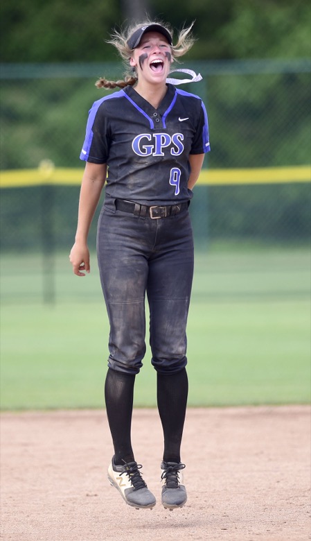 Staff Photo by Robin Rudd / GPS shortstop Chapel Cunningham (9) celebrates a out. GPS faced St. Benedict in TSSAA Spring Fling softball at the the Starplex in Murfreesboro on May 26, 2021.