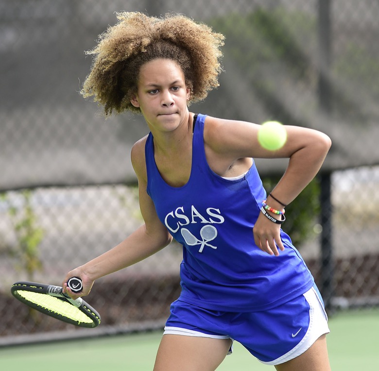 Staff Photo by Robin Rudd / CSAS's Sunshine Finnell won in both singles and doubles, with Olivia Porterfield, to help the Patriots win the state championship, over Summertown, at the Adams Tennis Center in Murfreesboro on May 26, 2021.