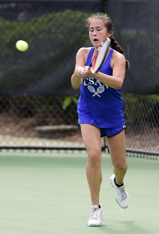 Staff Photo by Robin Rudd / Olivia Porterfield hits a backhand in her match against Summertown's Gracie Kelly in TSSAA Spring Fling tennis at the the Adams Tennis Center in Murfreesboro on May 26, 2021.