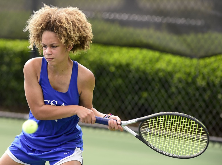 Staff Photo by Robin Rudd / CSAS's Sunshine Finnell won in both singles and doubles, with Olivia Porterfield, to help the Patriots win the state championship, over Summertown, at the Adams Tennis Center in Murfreesboro on May 26, 2021.