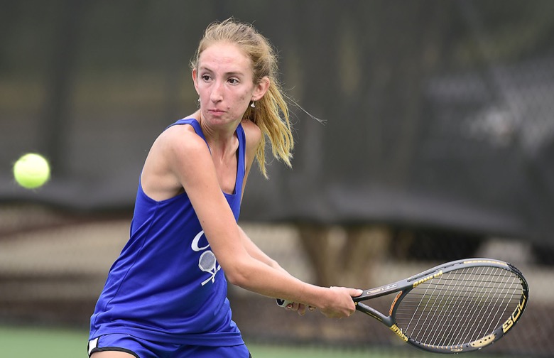 Staff Photo by Robin Rudd / CSAS's Amelia Hollingsworth hits a backhand in her match with Summertown's Emma Perry in TSSAA Spring Fling tennis at the the Adams Tennis Center in Murfreesboro on May 26, 2021.