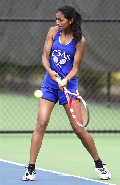 Staff Photo by Robin Rudd / CSAS's Rethika Ambalam hits a backhand in her match with Libby Konig of Summertown in TSSAA Spring Fling tennis at the the Adams Tennis Center in Murfreesboro on May 26, 2021.