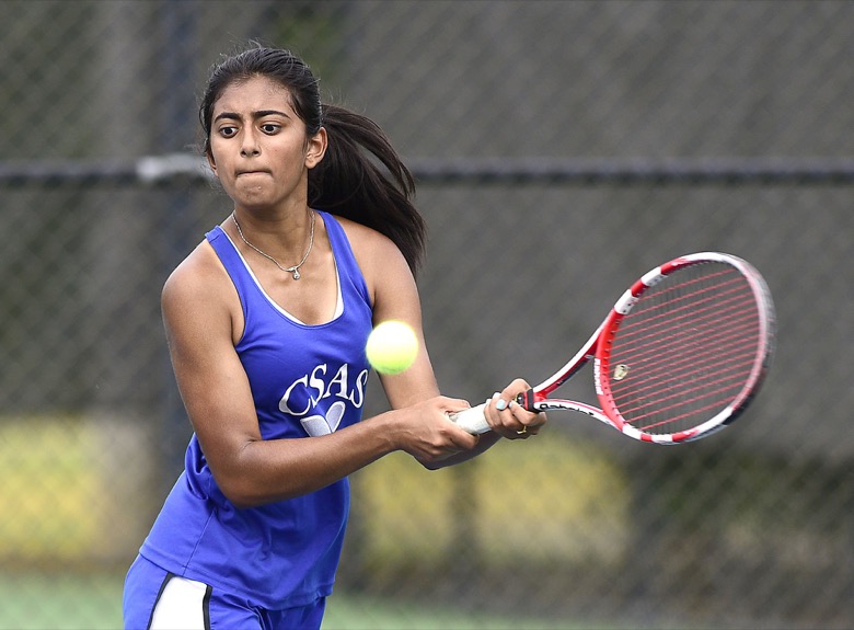 Staff Photo by Robin Rudd / CSAS's Rethika Ambalam hits a backhand in her match with Libby Konig of Summertown in TSSAA Spring Fling tennis at the the Adams Tennis Center in Murfreesboro on May 26, 2021.