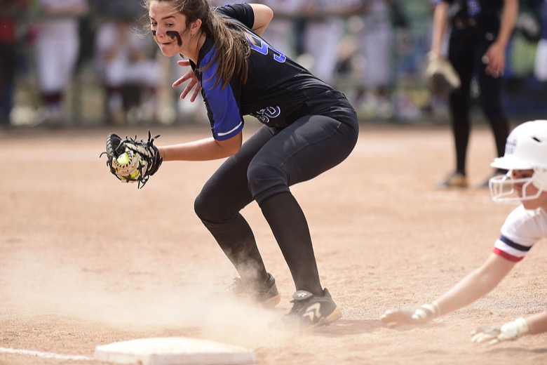 Staff Photo by Robin Rudd / GPS first baseman Isabella Jenkins (50) takes the throw in a pick off attempt. GPS faced St. Benedict in TSSAA Spring Fling softball at the the Starplex in Murfreesboro on May 26, 2021.