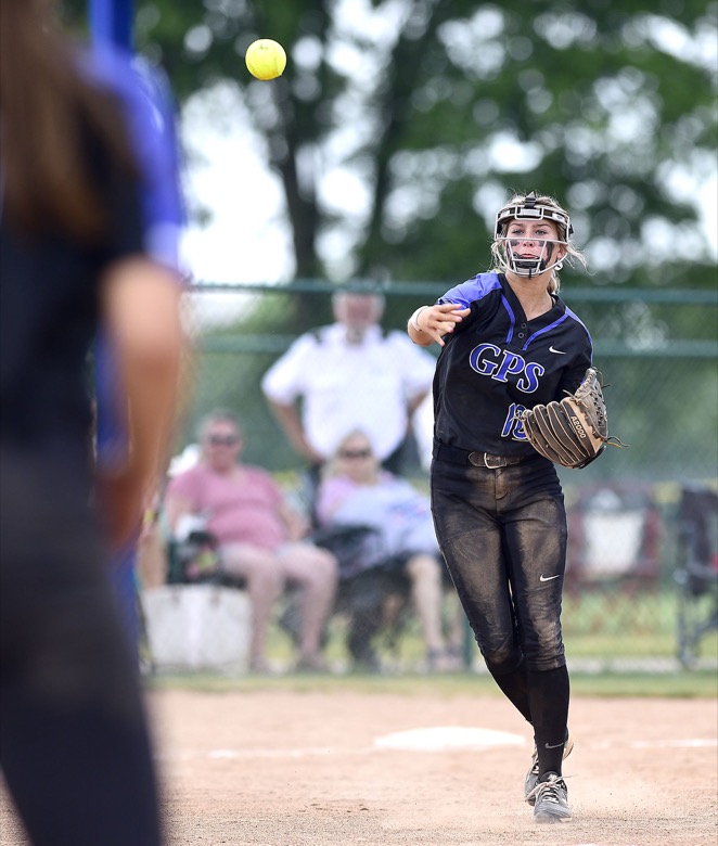 Staff Photo by Robin Rudd / GPS thrid baseman IKennedy Moody (10) throws out a St. Benedict runner. GPS faced St. Benedict in TSSAA Spring Fling softball at the the Starplex in Murfreesboro on May 26, 2021.