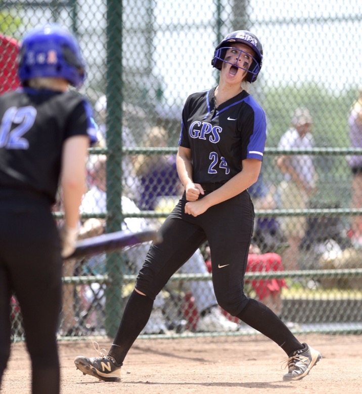 Staff Photo by Robin Rudd / GPS's Addison Beard (22) celebrates scoring a run. GPS faced St. Benedict in TSSAA Spring Fling softball at the the Starplex in Murfreesboro on May 26, 2021.