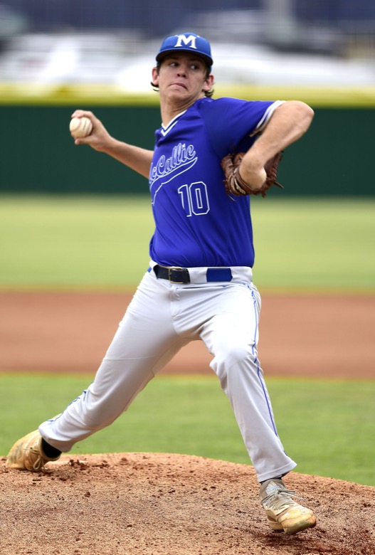 Staff Photo by Robin Rudd / Grayson Smith (10) pitches for the Blue Tornado. Baylor faced McCalliein TSSAA Spring Fling baseball at Wilson Central High School in Galdeville on May 26, 2021.