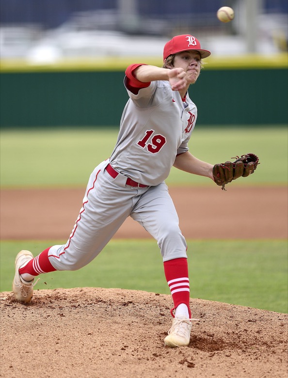 Staff Photo by Robin Rudd / Patrick Johnson (19) pitches for Baylor. Baylor faced McCalliein TSSAA Spring Fling baseball at Wilson Central High School in Galdeville on May 26, 2021.