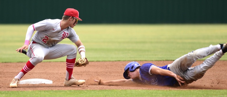 Staff Photo by Robin Rudd / Baylor second baseman Henry Godbout (2) prepares to tag out McCallie's Carter Hweitt (22) at second. Baylor faced McCalliein TSSAA Spring Fling baseball at Wilson Central High School in Galdeville on May 26, 2021.