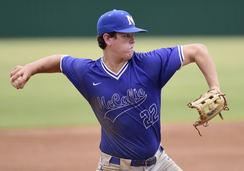 Staff Photo by Robin Rudd / McCallie third baseman Carter Hewitt (22) throws out a Baylor runner. Baylor faced McCalliein TSSAA Spring Fling baseball at Wilson Central High School in Galdeville on May 26, 2021.