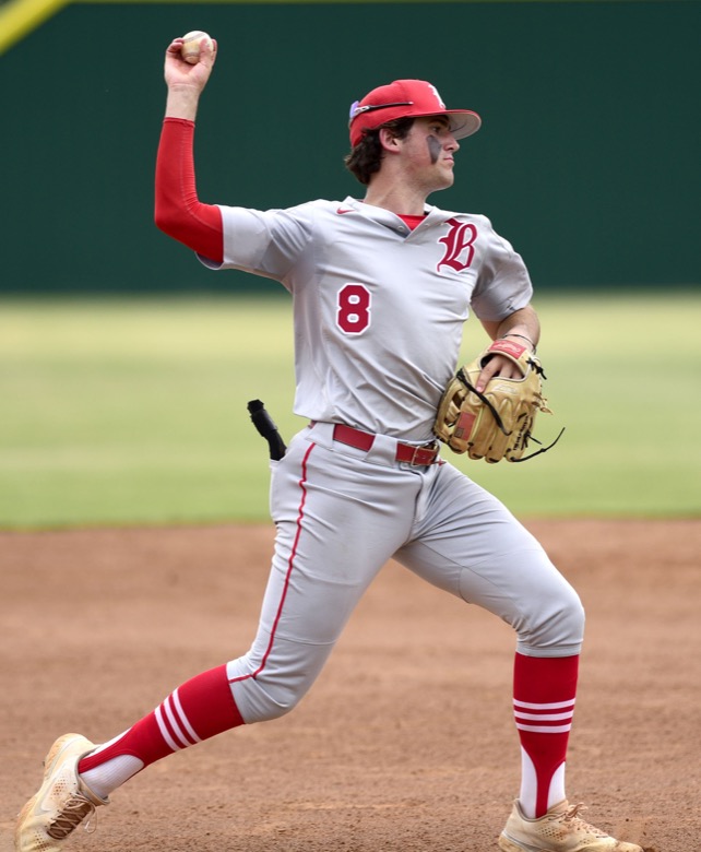 Staff Photo by Robin Rudd / Baylor third baseman Cooper Kinney (8) throws out a McCallie runner. Baylor faced McCalliein TSSAA Spring Fling baseball at Wilson Central High School in Galdeville on May 26, 2021.