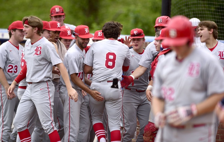 Staff Photo by Robin Rudd / Baylor's Cooper Kinney (8) is congratulated by his team after hitting a solo home run. Baylor faced McCalliein TSSAA Spring Fling baseball at Wilson Central High School in Galdeville on May 26, 2021.
