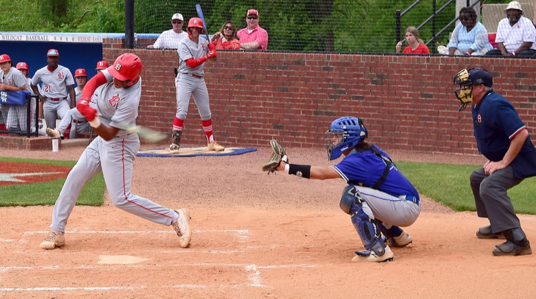 Staff Photo by Robin Rudd / Baylor's Daniel Corona (3) makes contact while McCallie's Frank Zahrobsky (4) is behind the plate. Baylor faced McCalliein TSSAA Spring Fling baseball at Wilson Central High School in Galdeville on May 26, 2021.