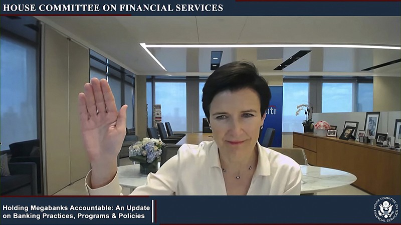 This image from video provided by the House Financial Services Committee shows Citigroup CEO Jane Fraser being sworn in to testify virtually to the House Financial Services Committee Thursday, May 27, 2021. (House Financial Services Committee via AP)