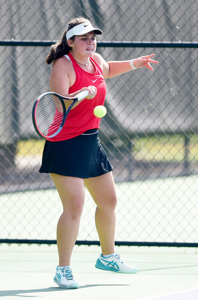 Staff Photo by Robin Rudd / Signal Mountain's Grace Williams hits a forehand. Williams and Bindi Patel faced Ella Koing and Gracie Kelly in a doubles match in the TSSAA Spring Fling at the Adams Tennis Complex in Murfreesboro on May 27, 2021.