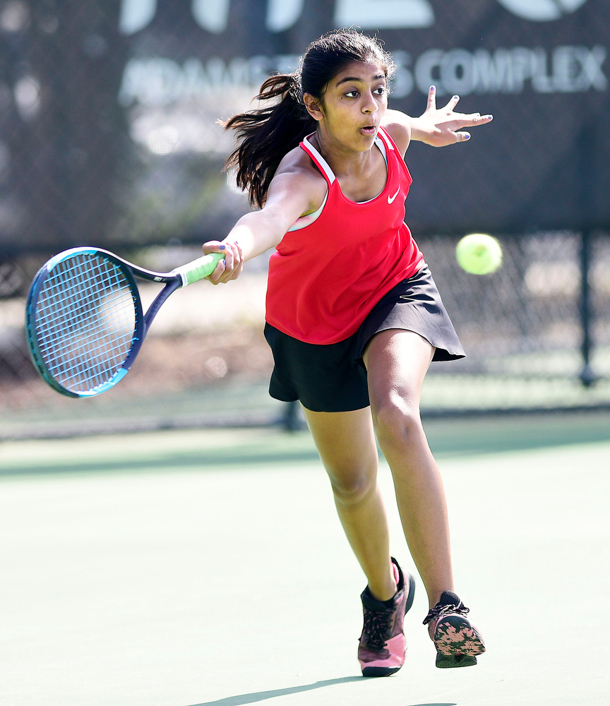 Staff Photo by Robin Rudd / Signal Mountain's Bindi Patel reaches for a forehand. Patel and Grace Williams faced Ella Koing and Gracie Kelly in a doubles match in the TSSAA Spring Fling at the Adams Tennis Complex in Murfreesboro on May 27, 2021.