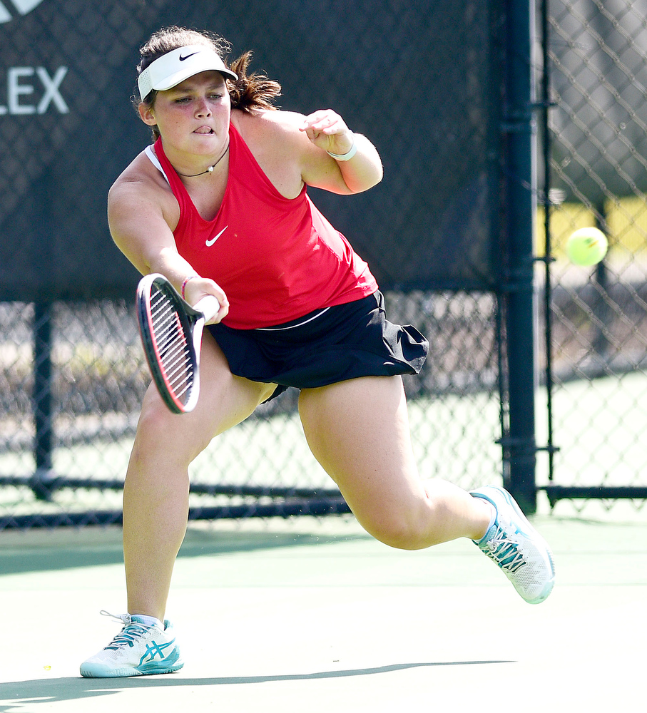 Staff Photo by Robin Rudd / Signal Mountain's Grace Williams reaches for a return. Williams and Bindi Patel faced Ella Koing and Gracie Kelly in a doubles match in the TSSAA Spring Fling at the Adams Tennis Complex in Murfreesboro on May 27, 2021.