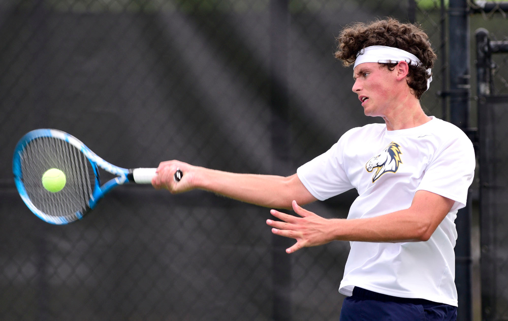 Staff photo by Robin Rudd / Walker Valley's Jacob Johnson hits a forehand during his state tournament match against Collierville's Ranjay Auil at the Adams Tennis Complex on Thursday in Murfreesboro, Tenn. Johnson lost 6-1, 6-1 as Arul advanced to the semifinals in the TSSAA Division I Large Class boys' singles bracket.