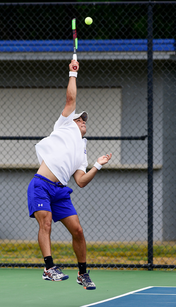 Staff Photo by Robin Rudd / Cleveland's Brayden Conn serves the ball. Conn and Bryce Elliott played Science Hill's Om Patel and Daniel Haddadin. TSSAA Spring Fling tennis continued at the Adams Tennis Complex in Murfreesboro on May 27, 2021.