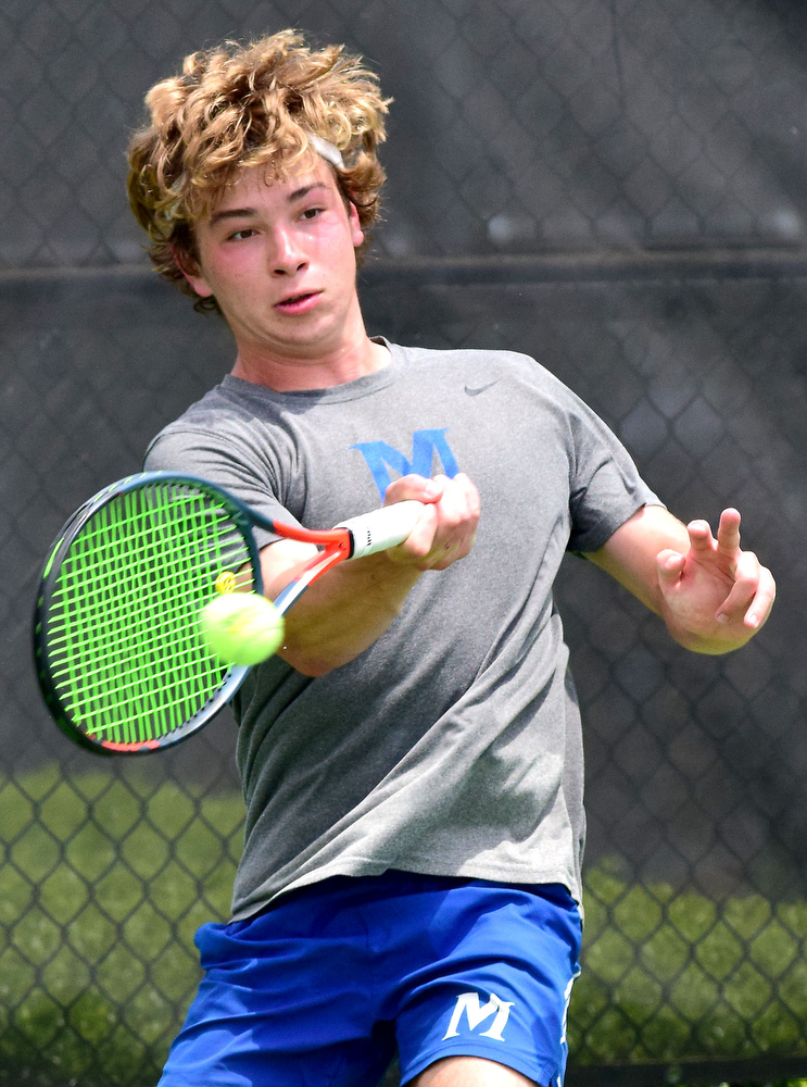 Staff Photo by Robin Rudd / McCallie's Colin Tuttle hits a forehand in his match against Ensworth's Hank Trondson in TSSAA Spring Fling tennis at the Adams Tennis Complex in Murfreesboro on May 27, 2021.