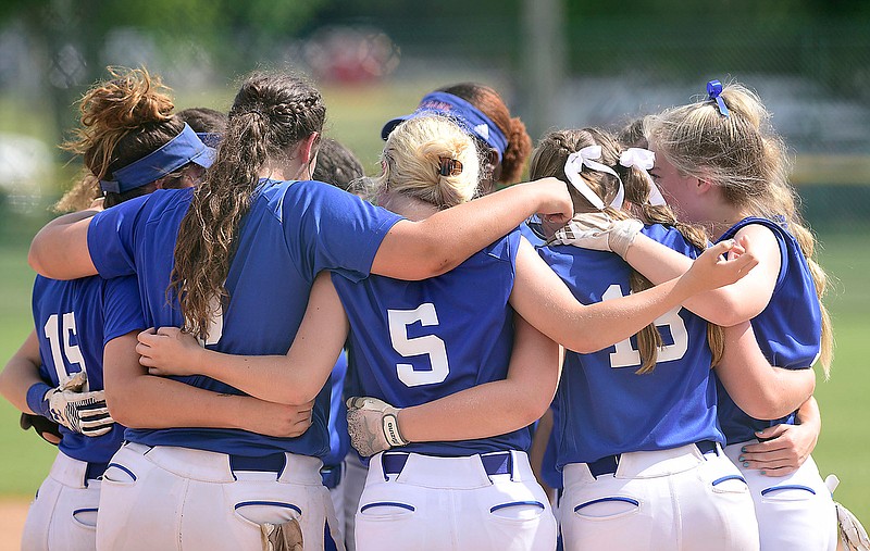 Staff photo by Robin Rudd /  Red Bank softball players gather before their state tournament game against Gibbs on Thursday in Murfreesboro, Tenn.