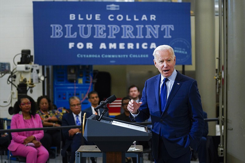 President Joe Biden delivers remarks on the economy at the Cuyahoga Community College Metropolitan Campus, Thursday, May 27, 2021, in Cleveland. (AP Photo/Evan Vucci)