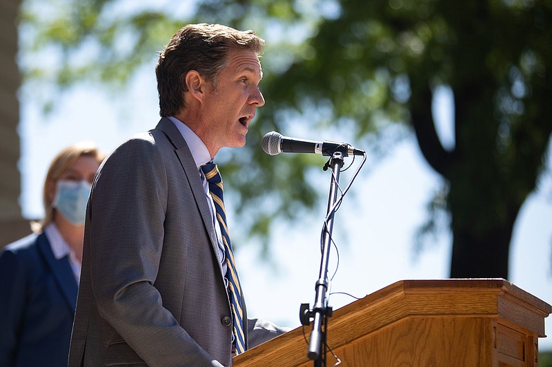 Staff photo by Troy Stolt / Chattanooga Mayor Tim Kelly speaks during a press conference Thursday, May 6, 2021. Kelly issued an executive order on Friday, May 28, 2021, to reopen all of remaining city facilities that had been closed due to the coronavirus pandemic.