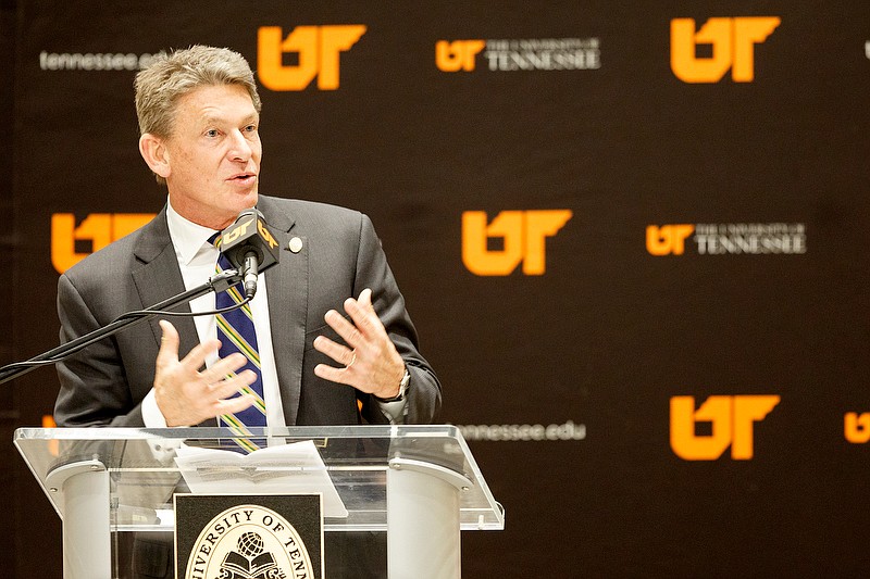 Staff Photo By C.B. Schmelter / University of Tennessee President Randy Boyd speaks during a UT Board of Trustees meeting in the Tennessee Room at the University Center on the campus of the University of Tennessee at Chattanooga in 2020.