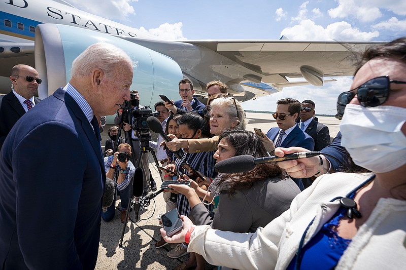 New York Times photo by Doug Mills / President Joe Biden speaks to reporters as he arrives to board Air Force One at Joint Base Andrews in Maryland on Thursday. Biden called out Chinese recalcitrance to cooperate on investigations both to pressure Beijing to reverse course but also to push allies to focus their own intelligence efforts on examining the theory that the coronavirus might have accidentally leaked from a lab.