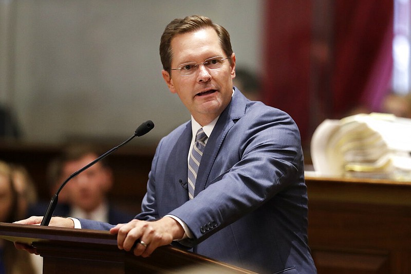 Rep. Cameron Sexton, R-Crossville, addresses the House members after being sworn in as House Speaker during a special session of the Tennessee House Friday, Aug. 23, 2019, in Nashville, Tenn. (AP Photo/Mark Humphrey)