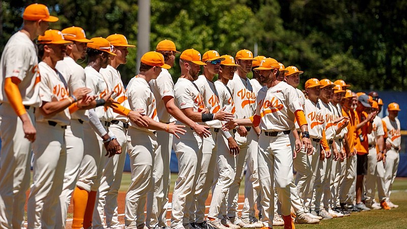 Tennessee Athletics photo / Tennessee fourth-year baseball coach Tony Vitello greets his players before Sunday afternoon's SEC tournament championship game against Arkansas.