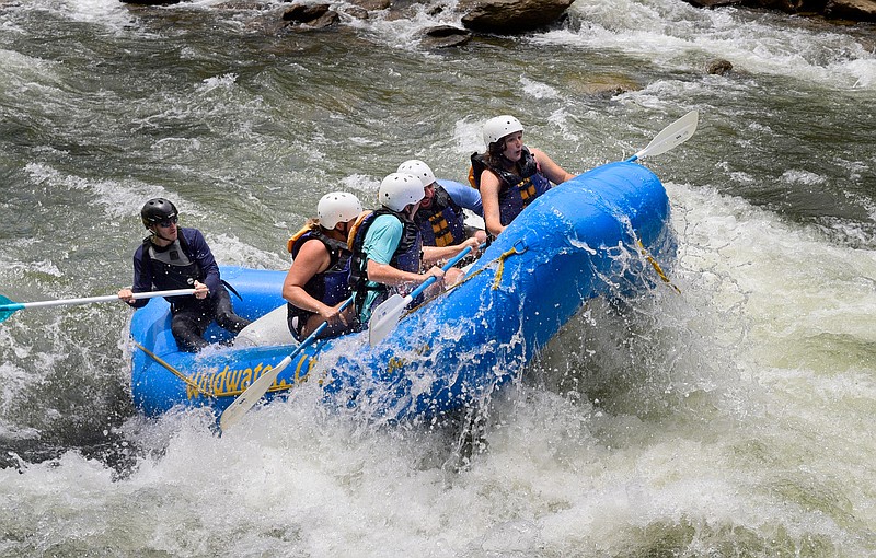 Staff Photo by Robin Rudd /  A raft emerges from the "Hell Hole" rapid at the end of their Ocoee River run.  Tennessee Governor Bill Lee visited the Ocoee River, on June 4, 2021, to celebrate the impact of tourism and also in celebration of the state's 225th birthday.  