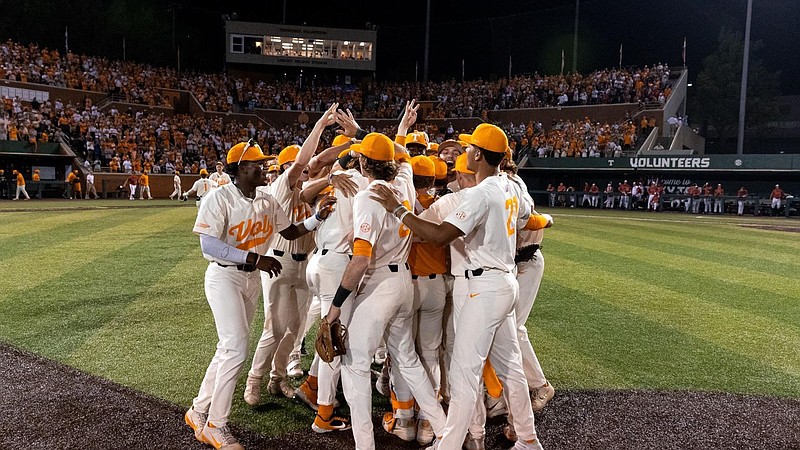 Tennessee Athletics photo / Tennessee baseball players celebrate Sunday night's 3-1 victory over Liberty that propelled the Vols to a spot in the NCAA tournament's super regionals.