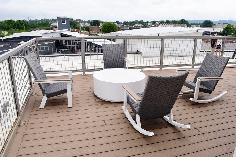 Staff Photo by Robin Rudd / The roof of the Burnside features a patio. Partners Dede and Towson Engsberg, of SEI Ventures of Tennessee, LLC have teamed with Nathan and Doug Kirkman of DNK Development, LLC to renovate the former Acme Box Company as the Burnside. The Burnside, located at 2100 Rossville Avenue will feature apartments, a restaurant, offices, and retail spaces.
