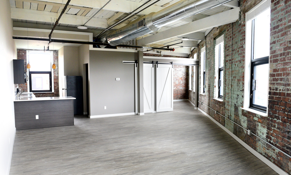 Staff Photo by Robin Rudd / One of the apartments on the south-side of the Burnside features a triangular space. Partners Dede and Towson Engsberg, of SEI Ventures of Tennessee, LLC have teamed with Nathan and Doug Kirkman of DNK Development, LLC to renovate the former Acme Box Company as the Burnside. The Burnside, located at 2100 Rossville Avenue will feature apartments, a restaurant, offices, and retail spaces.