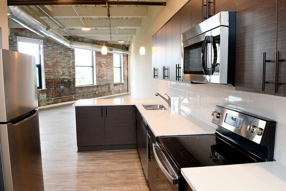 Staff Photo by Robin Rudd / One of the apartments on the south-side of the Burnside features a triangular space. Partners Dede and Towson Engsberg, of SEI Ventures of Tennessee, LLC have teamed with Nathan and Doug Kirkman of DNK Development, LLC to renovate the former Acme Box Company as the Burnside. The Burnside, located at 2100 Rossville Avenue will feature apartments, a restaurant, offices, and retail spaces.