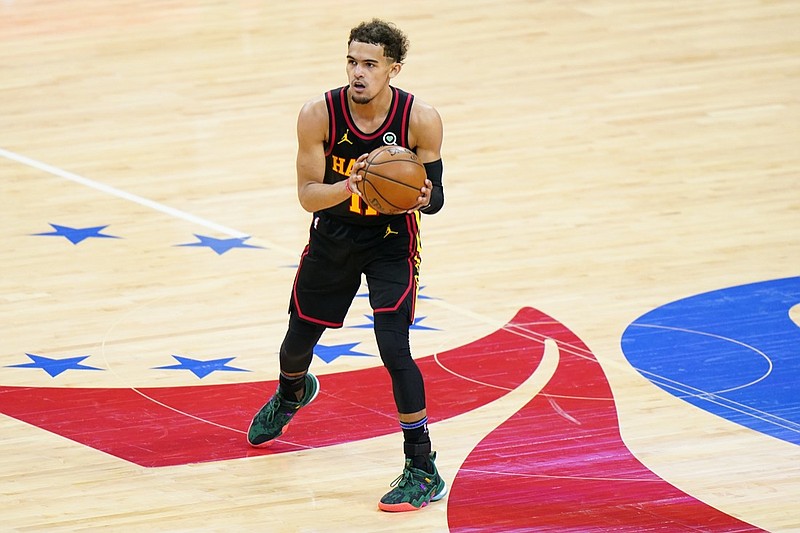 Atlanta Hawks' Trae Young plays during Game 1 of a second-round NBA basketball playoff series against the Philadelphia 76ers, Sunday, June 6, 2021, in Philadelphia. (AP Photo/Matt Slocum)


